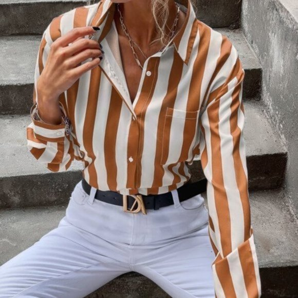 Tops - Classic Striped Button Down Blouse / Top